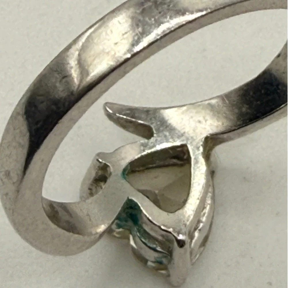 Silver Tone Heart Cut Clear CZ Stone Bypass Ring Size 8 Signed PDCO
